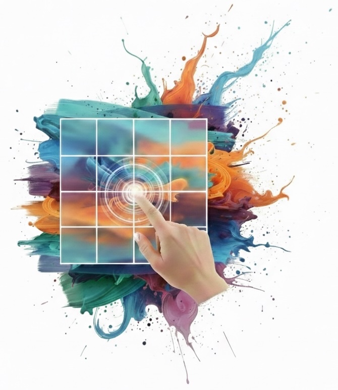 A hand is tounching a grid with paint exploding behind it